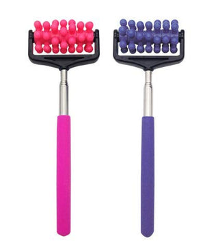 Two telescopic back roller massagers with pink and purple rollers and handles are displayed.back roller, massager, telescopic, pain relief.