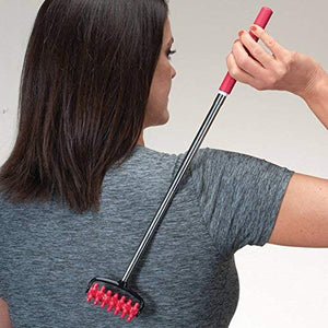 A woman uses a telescopic back roller with red rollers on her upper back. back roller, massager, pain relief, self-care.