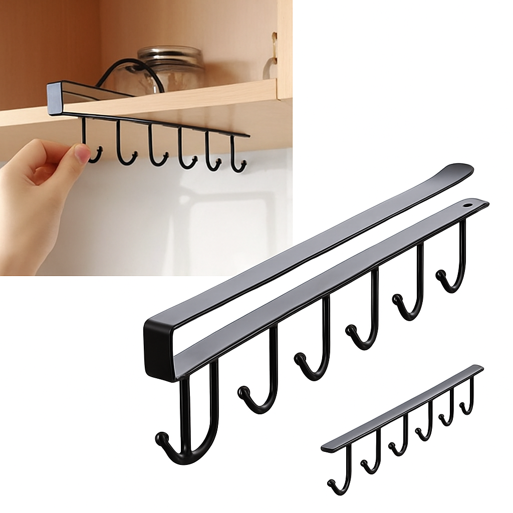 Cabinet Cup Holder Rack – 6 Hooks Hanging Mug Holder for Kitchen, Drilling-Free Cup & Utensil Organizer (Pack of 1)