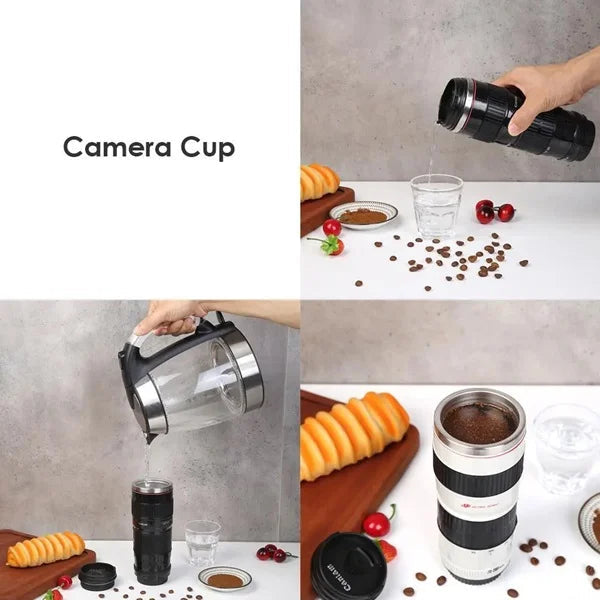  A black travel mug designed to resemble a camera lens is featured in a four-panel image demonstrating its use. The mug is shown being filled with hot water from a kettle and then appearing full of coffee. Coffee beans and pastries are present in some panels.kitchen supply store, Kitchen items, coffee mug,travel essentials, travel accessories