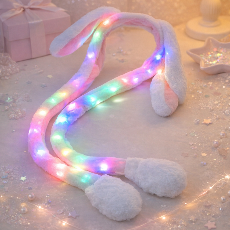 Cartoon Glowing Rabbit Hat - Cute Plush Bunny Ear Moving Flap Beanie with LED Light (Pack of 1-Random Color
