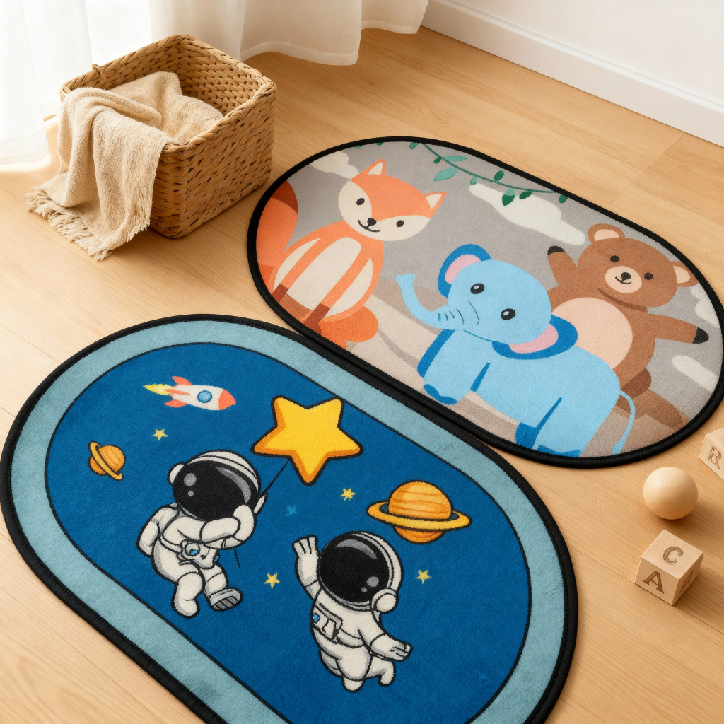 Cartoon Print Oval Mat – Soft, Non-Slip Floor Rug for Kids Room, Bathroom & Bedroom (Random Design- 60×35 cm)