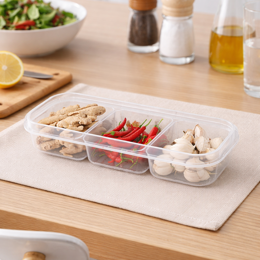 Leakproof PP Food Containers – 3 Compartment Lunch Boxes with Soft Seal Lids, Stackable Fridge Organizer (Pack of 1)