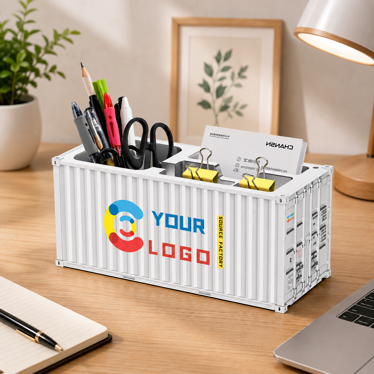Custom Logo Shipping Container Pen Holder - Office Desk Pencil Organizer & Promotional Gift