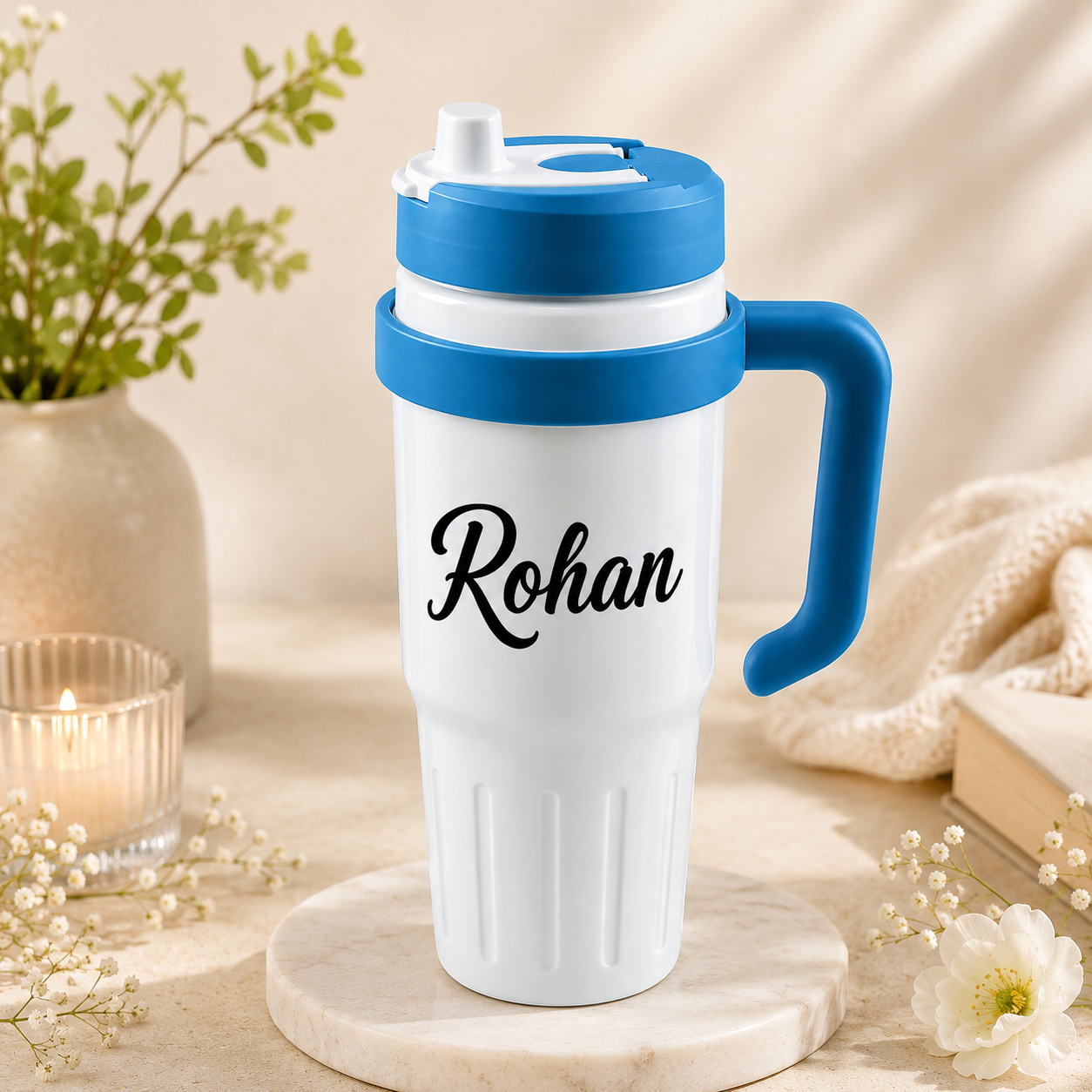 Personalized Insulated Travel Tumbler with Handle – Custom Name Printed Coffee & Water Tumbler