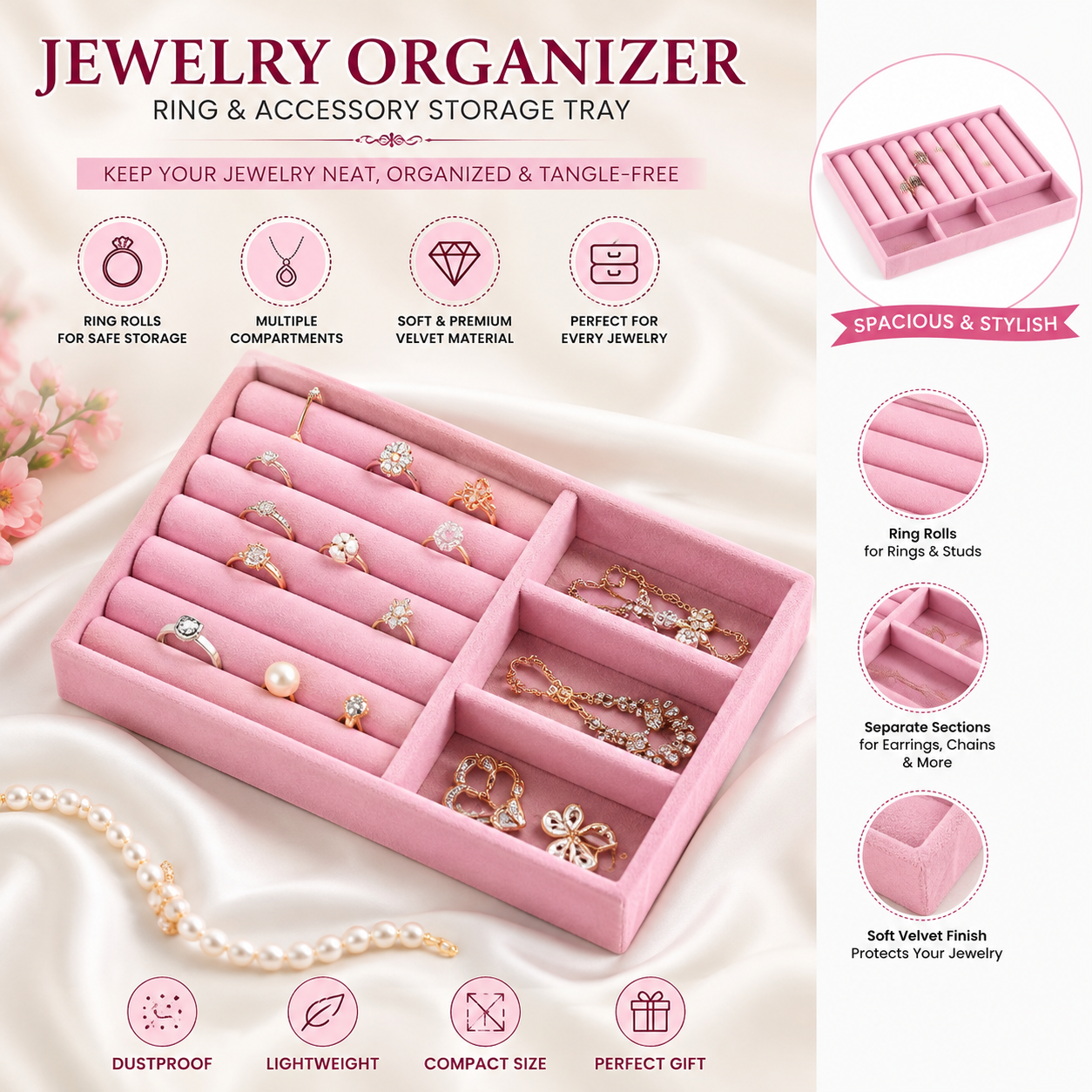 Stackable Jewelry Storage Velvet Drawer Inserts with Multiple Compartments, Soft Touch Travel Jewelry Organizer and Ring Holder Box (Pink Color Pack of 1)