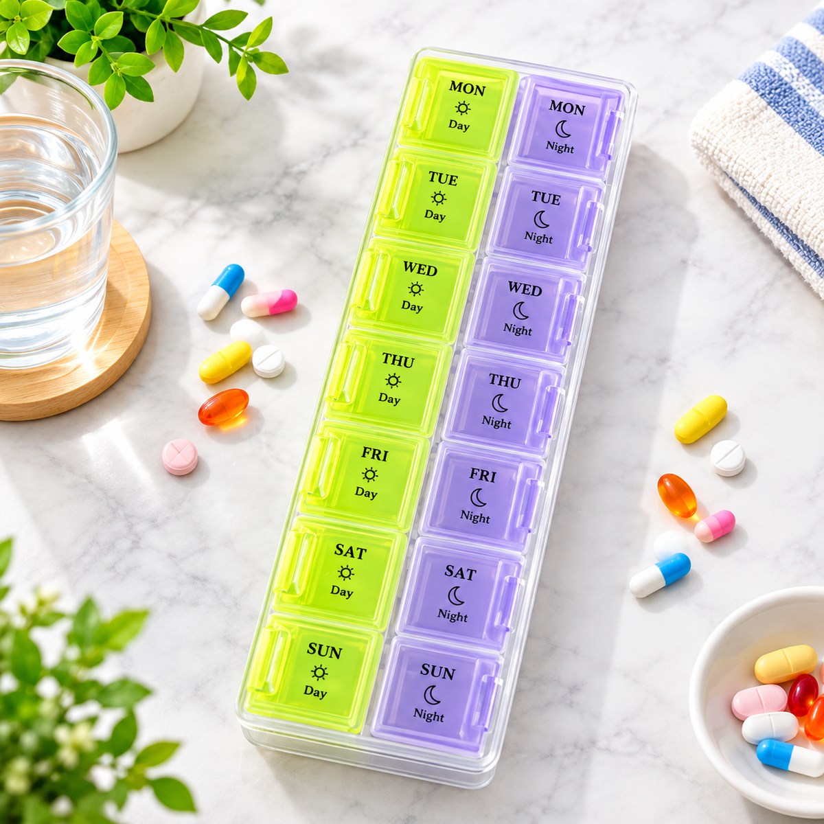 Pill Storage Box with Snap Lids – 7 Days Medicine Organizer (Morning & Night) – Durable Plastic Pill Case