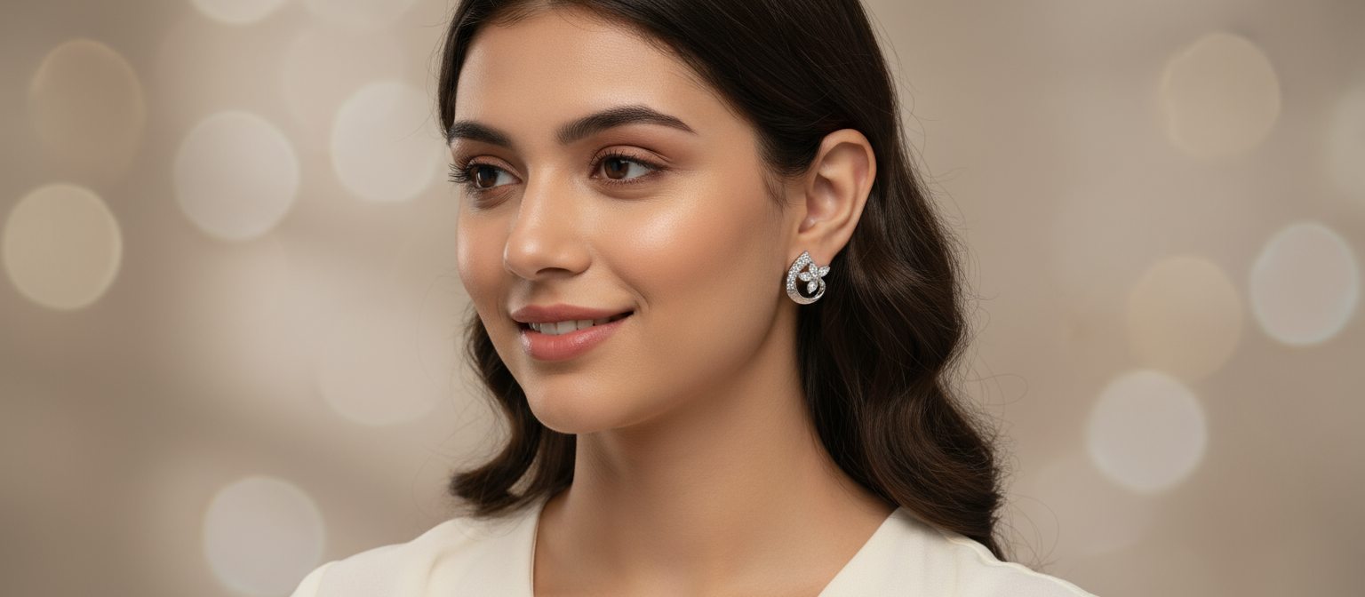 Chic Cubic Zirconia Swirl Stud Earrings for Teens – Silver Tone Hypoallergenic Flower & Teardrop Design Jewelry (1 Pair)