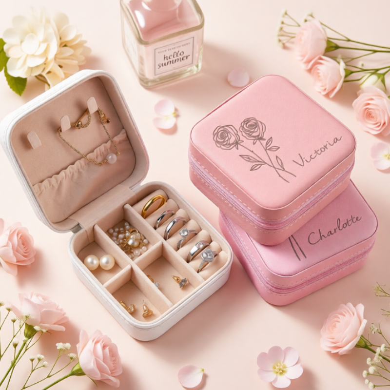 Customised Jewellery Box - Mini Travel Jewellery Box - Birthday Flower Print + Name (Random color)
