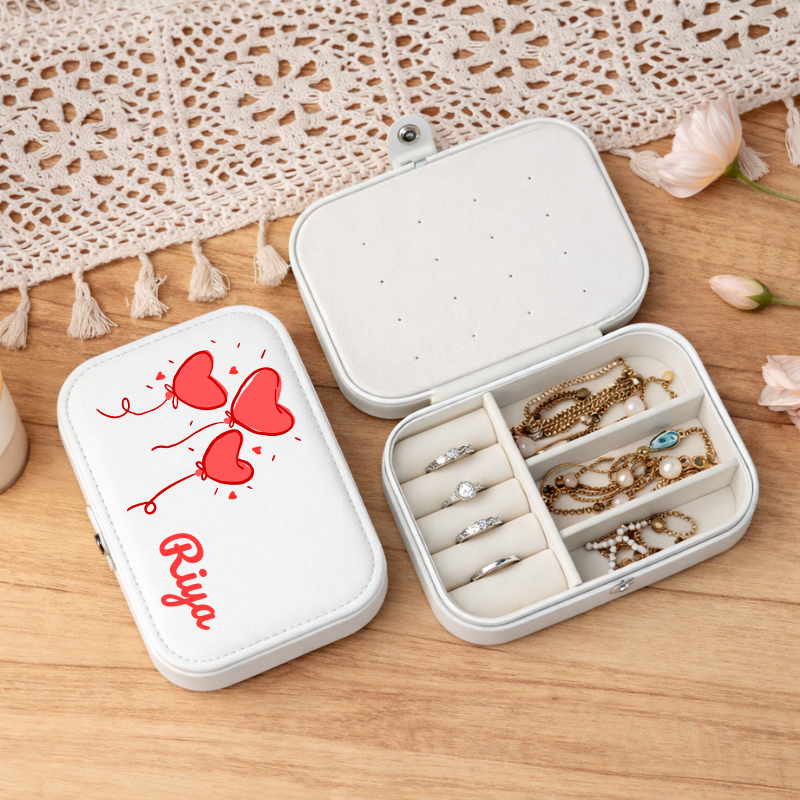 Customized Heart Design PU Leather Travel Jewelry Organizer Box with Your Name