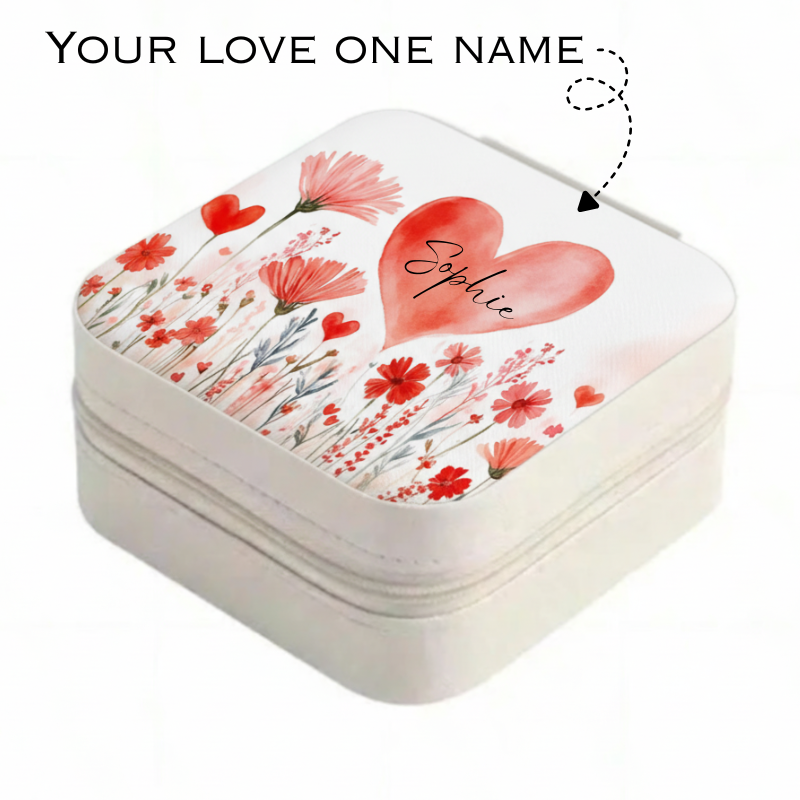 Customized Heart Flower Designed Your Name PU Leather Jewelry Box – Contemporary Rectangle Jewelry Organizer with Zip Closure