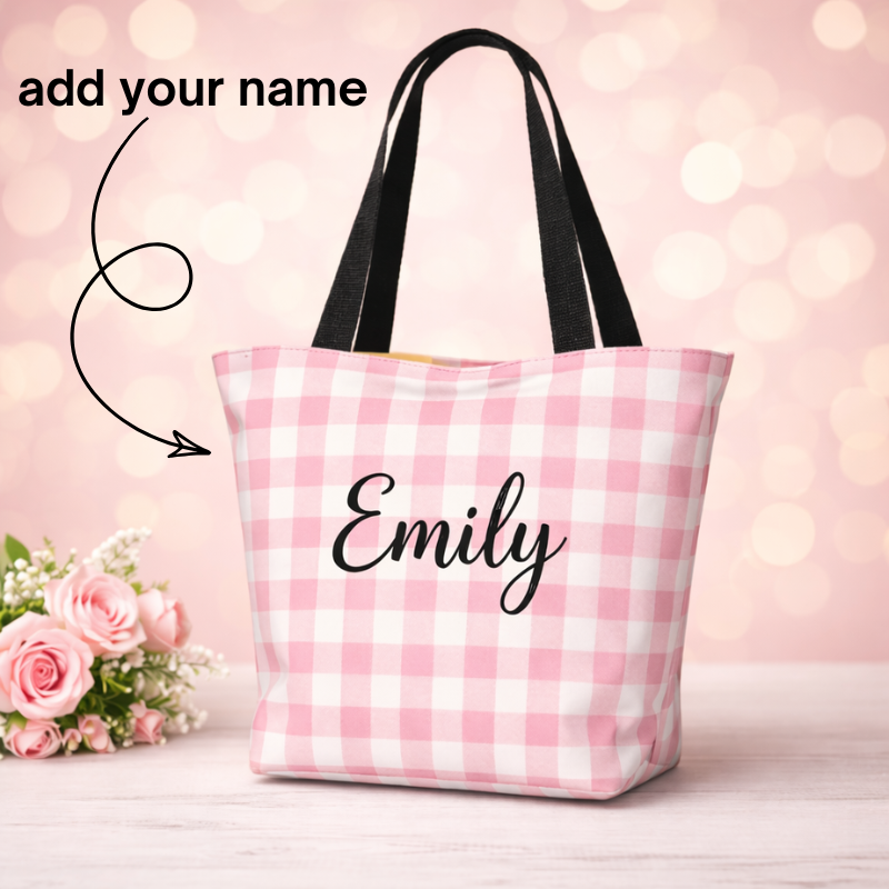 Customized Name Printed Canvas Aesthetic Tote Bag – Pink Reusable Shoulder Bag for Shopping, College & Daily Use | Personalized Stylish Carry Bag