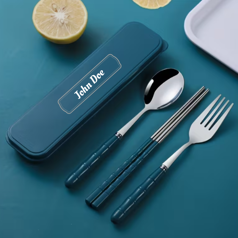 Customized Name Stainless Steel Tableware Set with Case – Reusable Cutlery Set