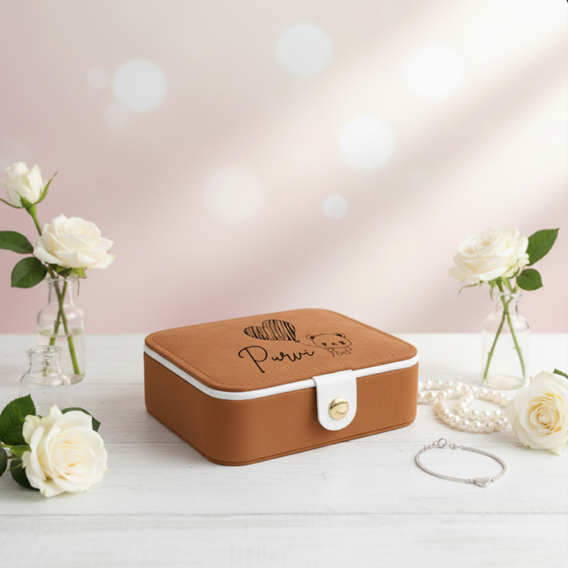 Customized Name with Heart Leather Mini Travel Jewelry Box with Inbuilt Mirror – Compact Jewelry Organizer