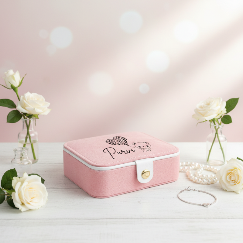 Customized Name with Heart Leather Mini Travel Jewelry Box with Inbuilt Mirror – Compact Jewelry Organizer