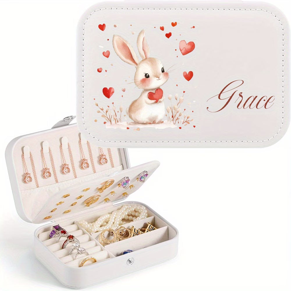 Customized Rabbit Design Faux Leather Jewelry Box with Name – Personalized Cute Travel Jewelry Organizer