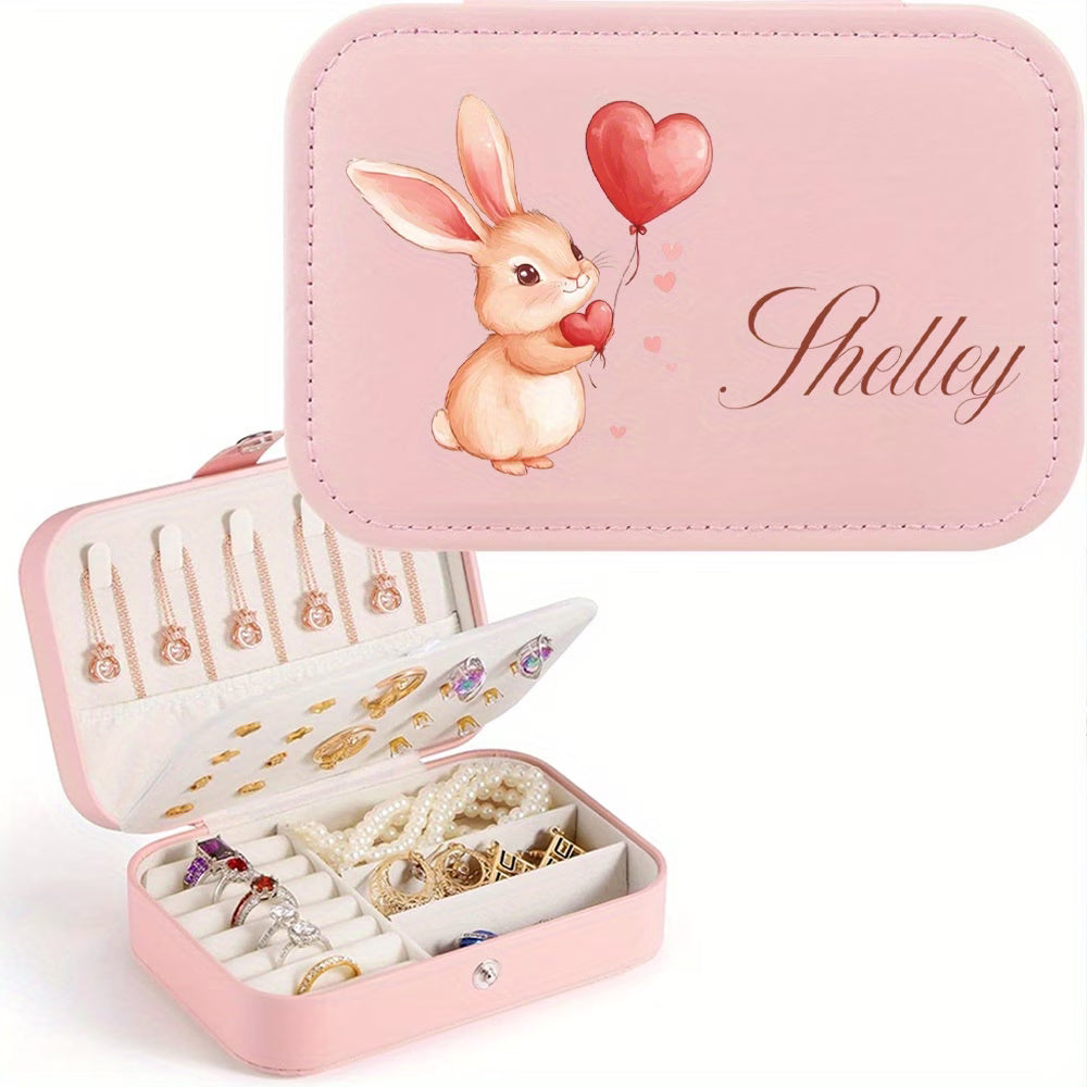 Customized Rabbit Design Faux Leather Jewelry Box with Name – Personalized Cute Travel Jewelry Organizer