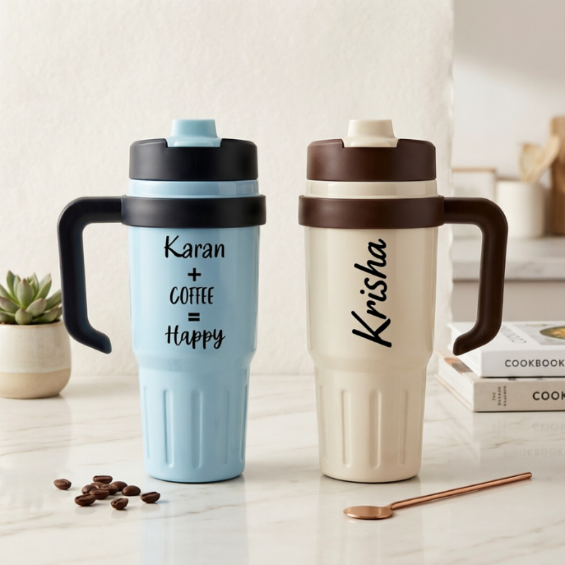 Customized  800ml Stainless Steel Tumbler with Name –  Travel Mug with Handle | Personalized Drink Tumbler (Random Color-Pack of 1)