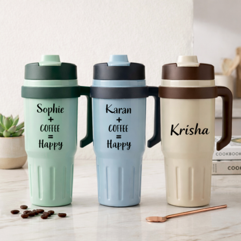 Customized  800ml Stainless Steel Tumbler with Name –  Travel Mug with Handle | Personalized Drink Tumbler (Random Color-Pack of 1)