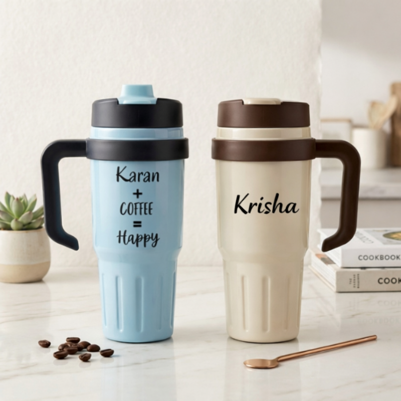 Customized  800ml Stainless Steel Tumbler with Name –  Travel Mug with Handle | Personalized Drink Tumbler (Random Color-Pack of 1)