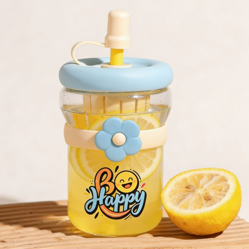 Customized “Be Happy” Glass Sipper Bottle – Personalized Text Water Bottle with Straw | Aesthetic Reusable Drink Bottle (Random Color)