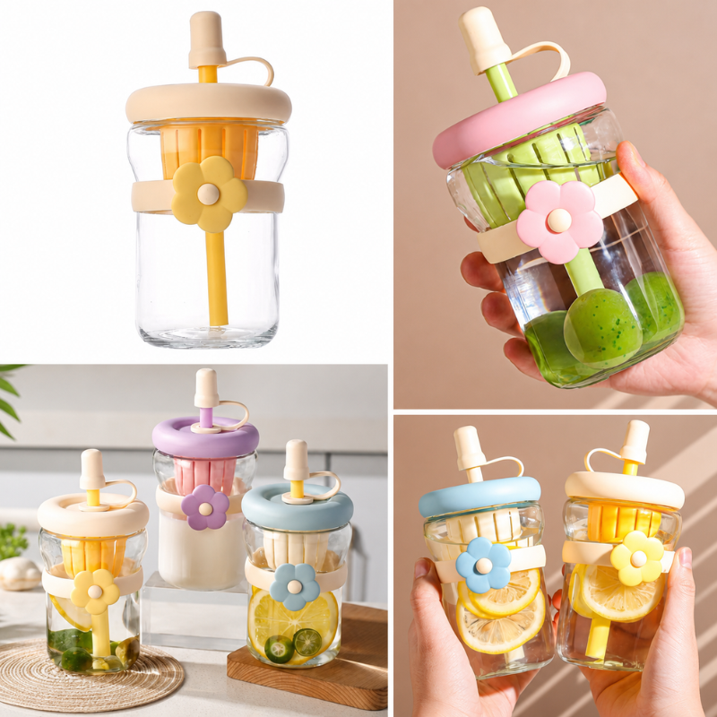 Customized Glass Sipper Bottle with Name & Heart Design – Personalized Transparent Water Bottle with Straw | Cute Gift for kids (Random Color-Pack of 1)
