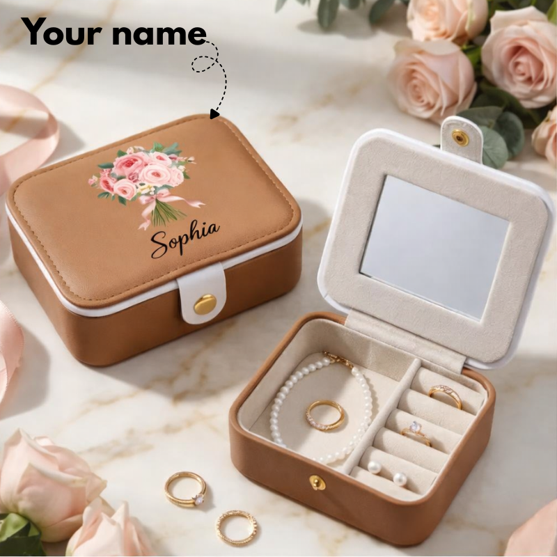 Customized Leather Floral Bouquet Jewelry Organizer Box with Name