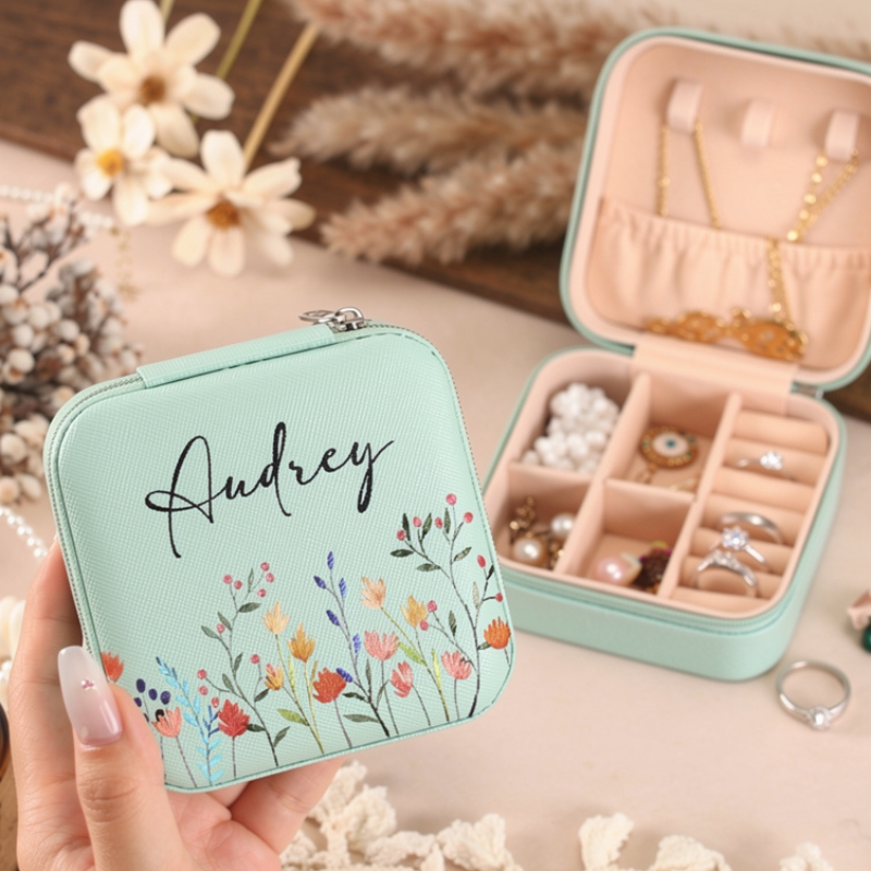 Customized Name & Flower Design Jewelry Box – Travel Jewelry Organizer for Bridesmaids & Gifts for Her