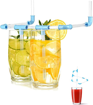 Citrus drinks in two glasses have clear, looping straws with blue joints. A disassembled straw set is shown with a red drink.razy straws, DIY straws, party straws, novelty straws, drinking straws.