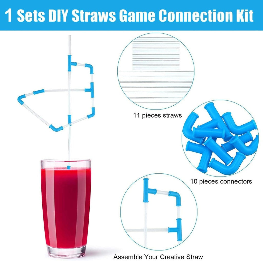 A set of Diy straws showing in image crazy straws, DIY straws, straw dimensions, connector sizes.