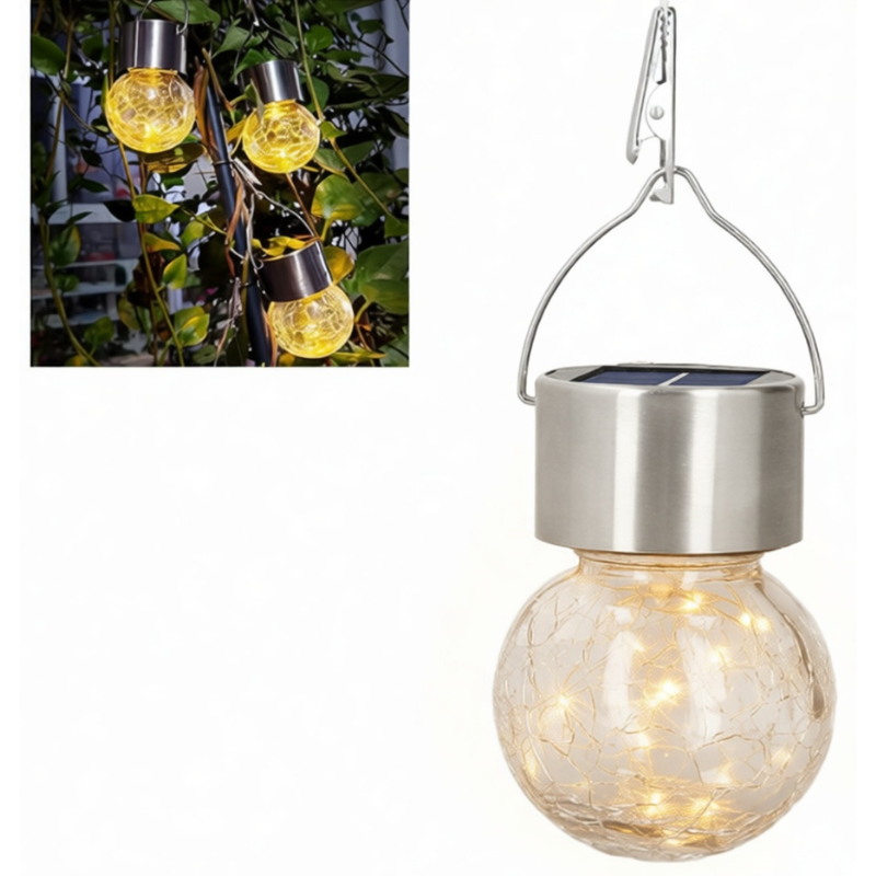Decorative Hanging Solar Light with Crackle Glass Ball – Warm White LED Outdoor Lantern | Stainless Steel Top with Hook & Clip (Pack of 1)