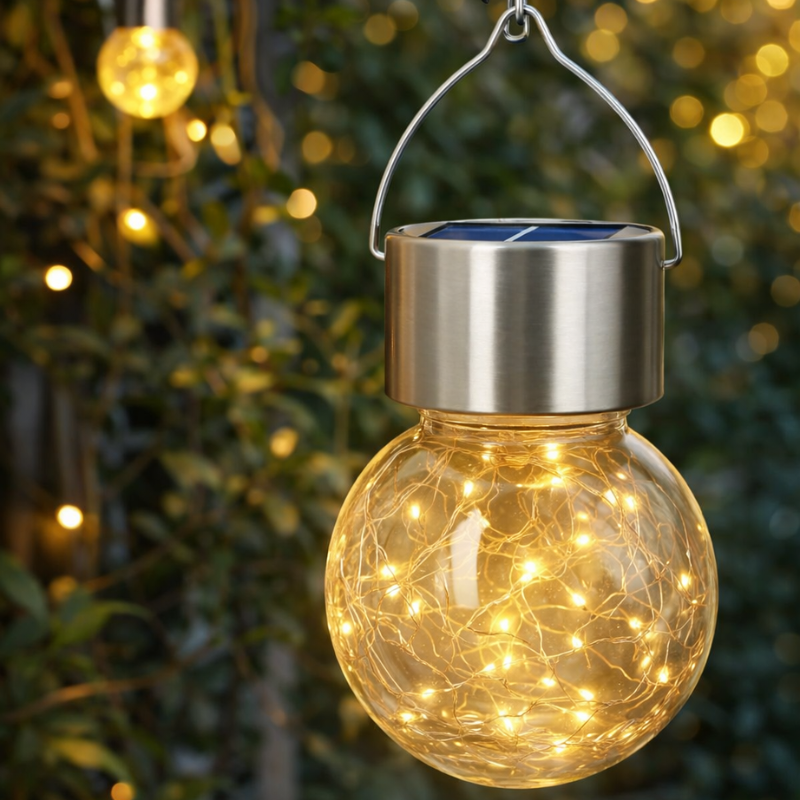 Decorative Hanging Solar Light with Crackle Glass Ball – Warm White LED Outdoor Lantern | Stainless Steel Top with Hook & Clip (Pack of 1)