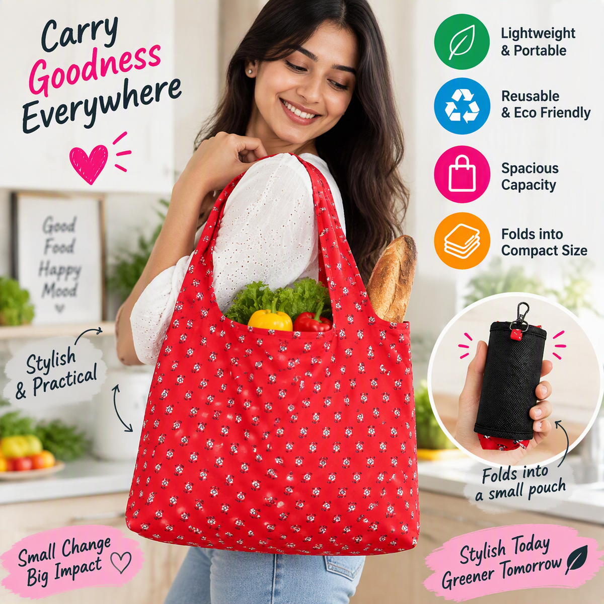 Foldable Reusable Shopping Bag with Compact Pouch & Clip | Floral Print Carry Bag (Pack of 1 Random Color and Print)