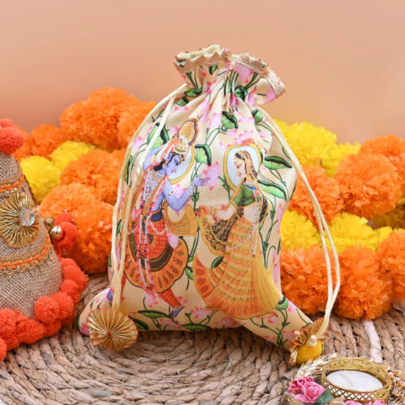 Radha Krishna Silk Potli Bags – Digital Printed Festive Gift Pouches for Sweets & Dry Fruits (Random Print-10x9 Inch)