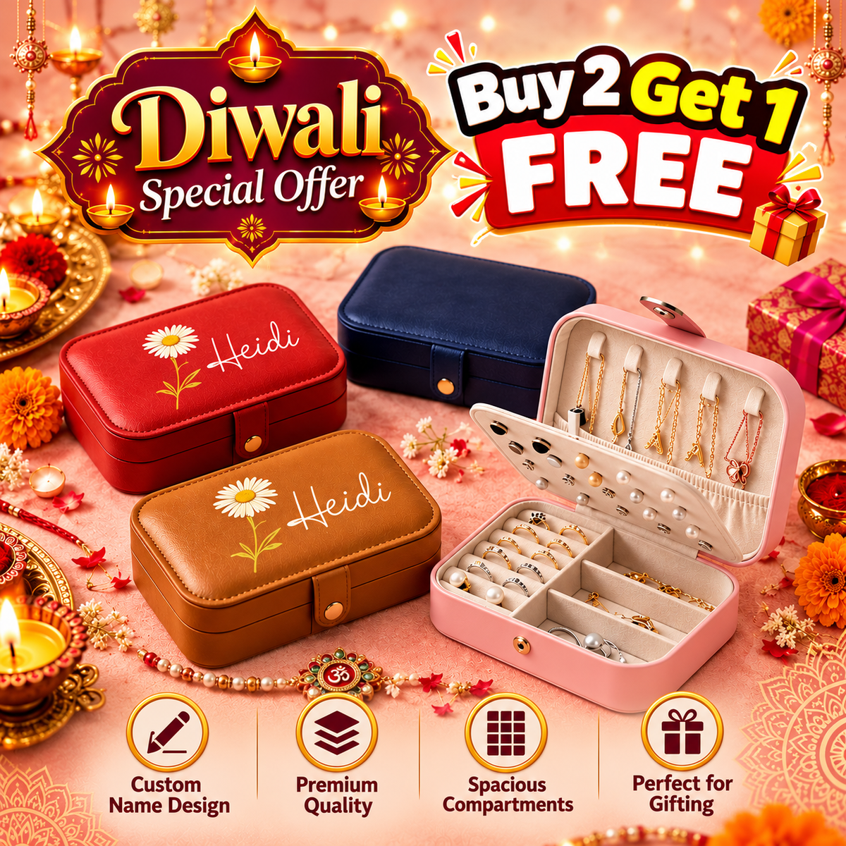 Diwali Special: Personalized Jewellery Box with Custom Name & Birth Flower for Women | Buy 2 Get 1 Free