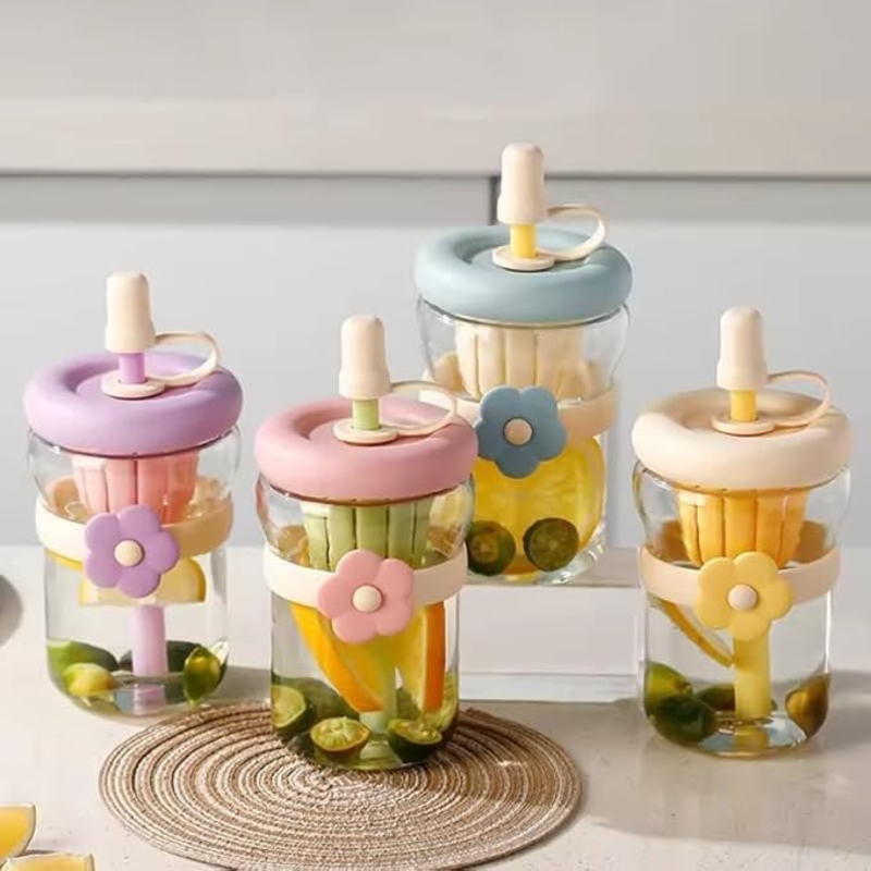 Eco-Friendly Reusable Glass Infuser Bottle with Straw – Cute & Fancy Design Sipper Bottle (Random Color-Pack of 1)