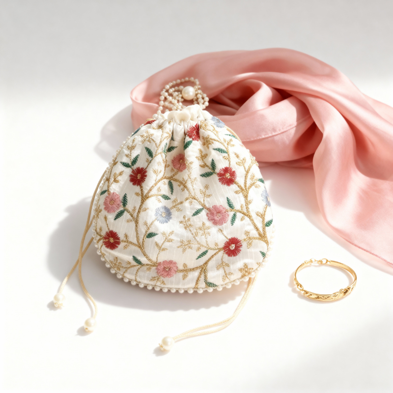 Embroidery Potli Bags for Women with Pearl Handle & Drawstring – Elegant Traditional Gift Pouch for Weddings & Festive Occasions
