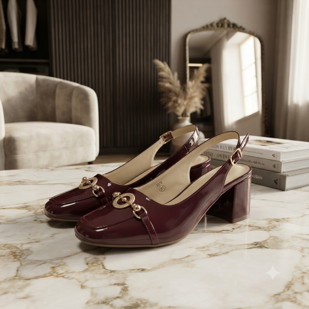 Women's Patent Slingback Block Heel Pumps | Closed Toe Formal Heels with Adjustable Buckle Strap | Comfortable Office, Party & Evening Shoes for Women