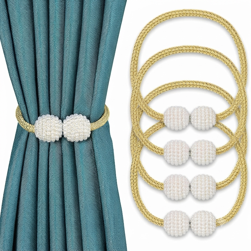 Magnetic Curtain Buckle – Gold Pearl Tieback (1 Pair Golden color)