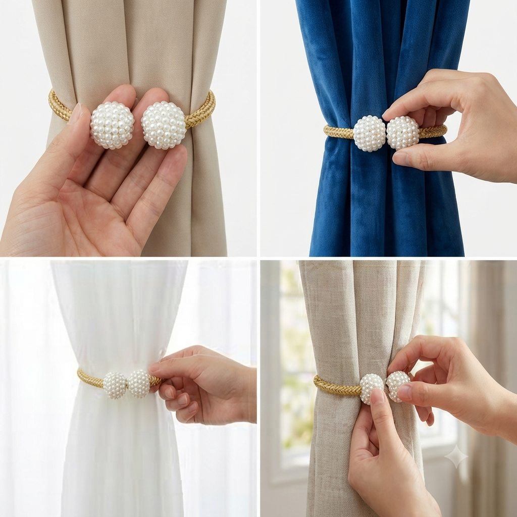 Magnetic Curtain Buckle – Gold Pearl Tieback (1 Pair Golden color)