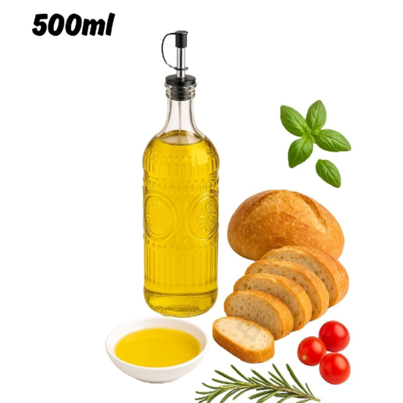 Glass Oil & Vinegar Dispenser – 500ml Square Bottle with Pourer, Random Design (Pack of 1)