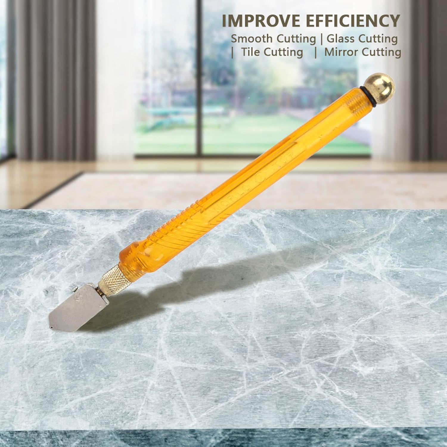 An amber-handled glass and tile cutter rests on a grey marble-like surface. Text above indicates its uses. glass cutter, tile cutter, cutting tool, hand tool.