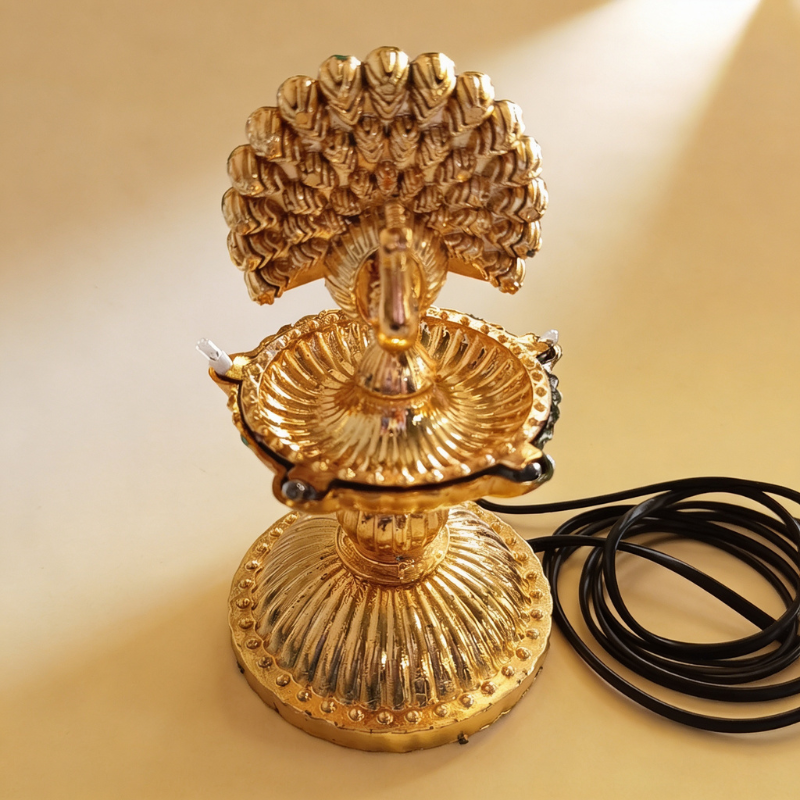 Gold Finish LED Peacock Diya | Electric Decorative Diya Lamp for Home Temple & Festive Décor