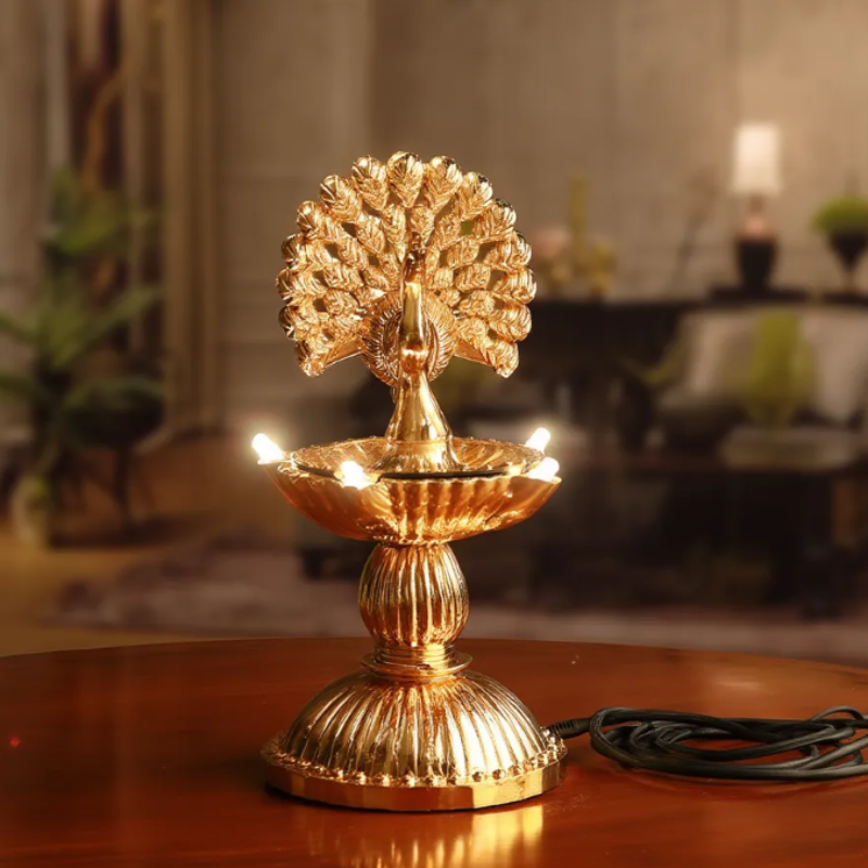 Gold Finish LED Peacock Diya | Electric Decorative Diya Lamp for Home Temple & Festive Décor