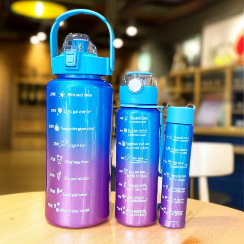 Paint Gradient 3-Piece Plastic Bottles – Colorful BPA-Free- – Gym, Office & Daily Use, Multi-Color Sipper with Water Reminder