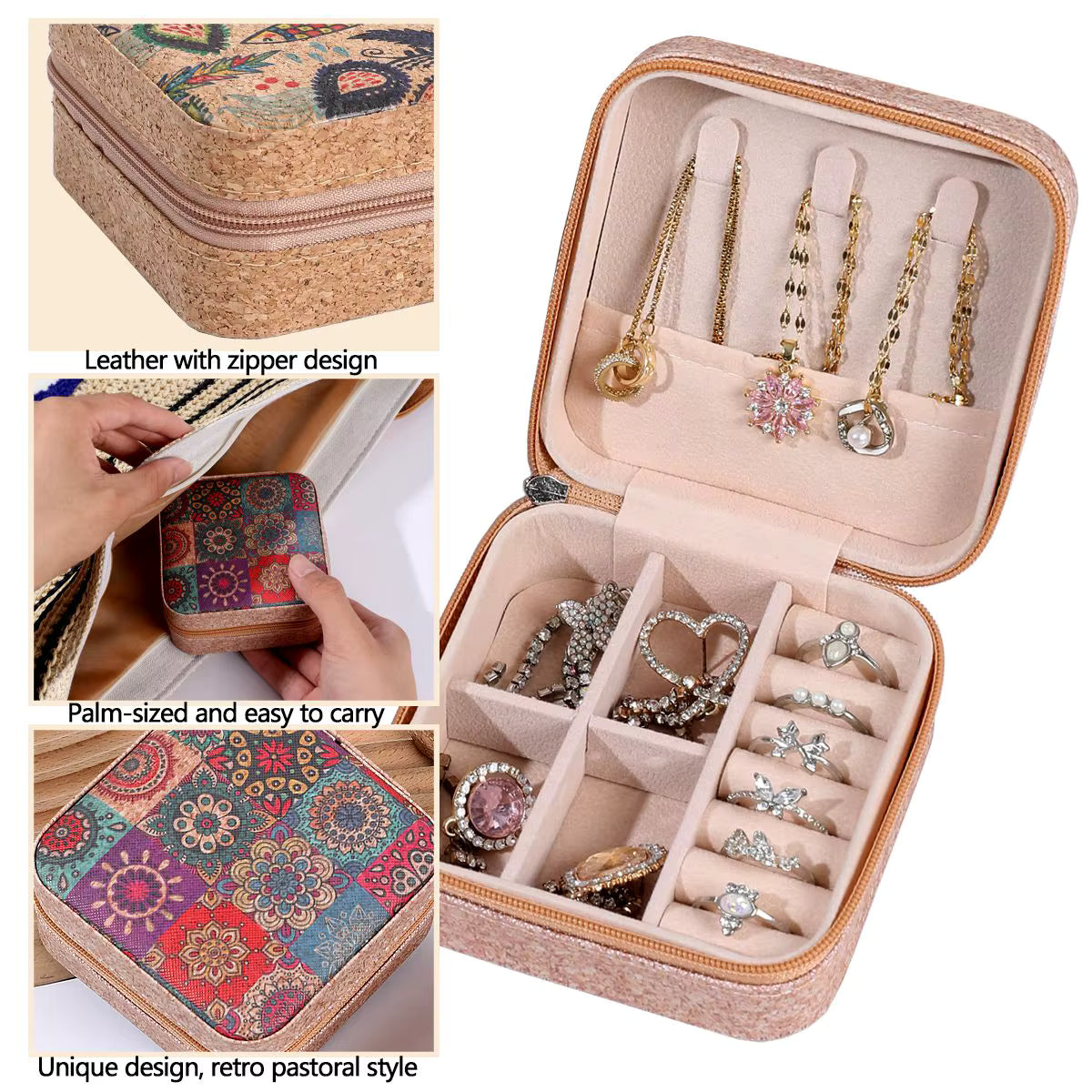 Vintage Small Jewellery Case Box Organizer – Portable Square Cork Jewelry Box for Rings, Necklaces & Earrings, Multifunctional Storage for Women, Mothers & Girls (Pack of 1)