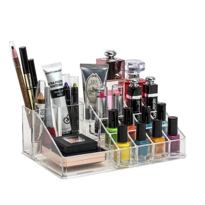 16 Cavity Cosmetic Organiser, Plastic Makeup Organizer, 16 Compartment Makeup Jewellery Lipstick Storage Box and Nail Paint Stand Transparent Holder