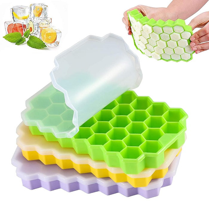 Silicone Honeycomb Ice Tray with Lid – Flexible Non-Stick Ice Cube Mold for Freezer (Random color-Pack of 1)