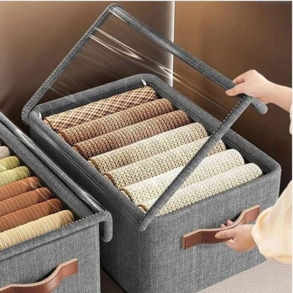 Foldable Storage Organizer Basket with Lid, Transparent Lids Fabric wardrobe organizer for Clothes, Collapsible closet organizers and storage box for Clothes