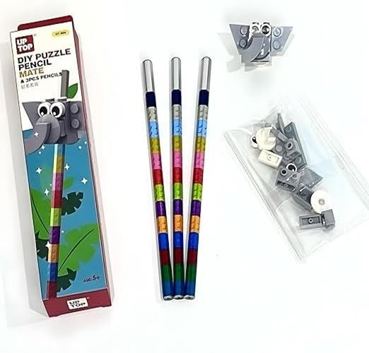 DIY Puzzle Pencil Mate, 1 Bock Set & 3pcs of Pencil, Elephant DIY Puzzle Pencil Mate for kids Pencil Set for kids Birthday Return Gifts School Stationery Set For Boys & Girls